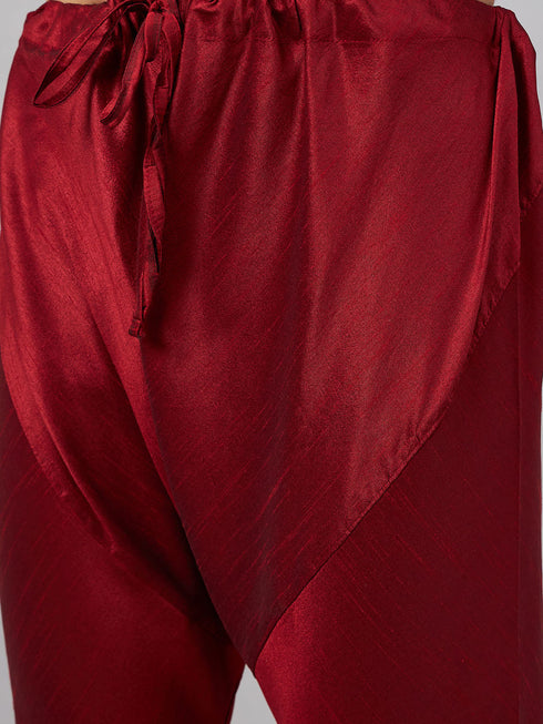 Vastramay Men's Orange Matka Silk Nehru Jacket With Maroon Silk Blend Kurta Pyjama Set